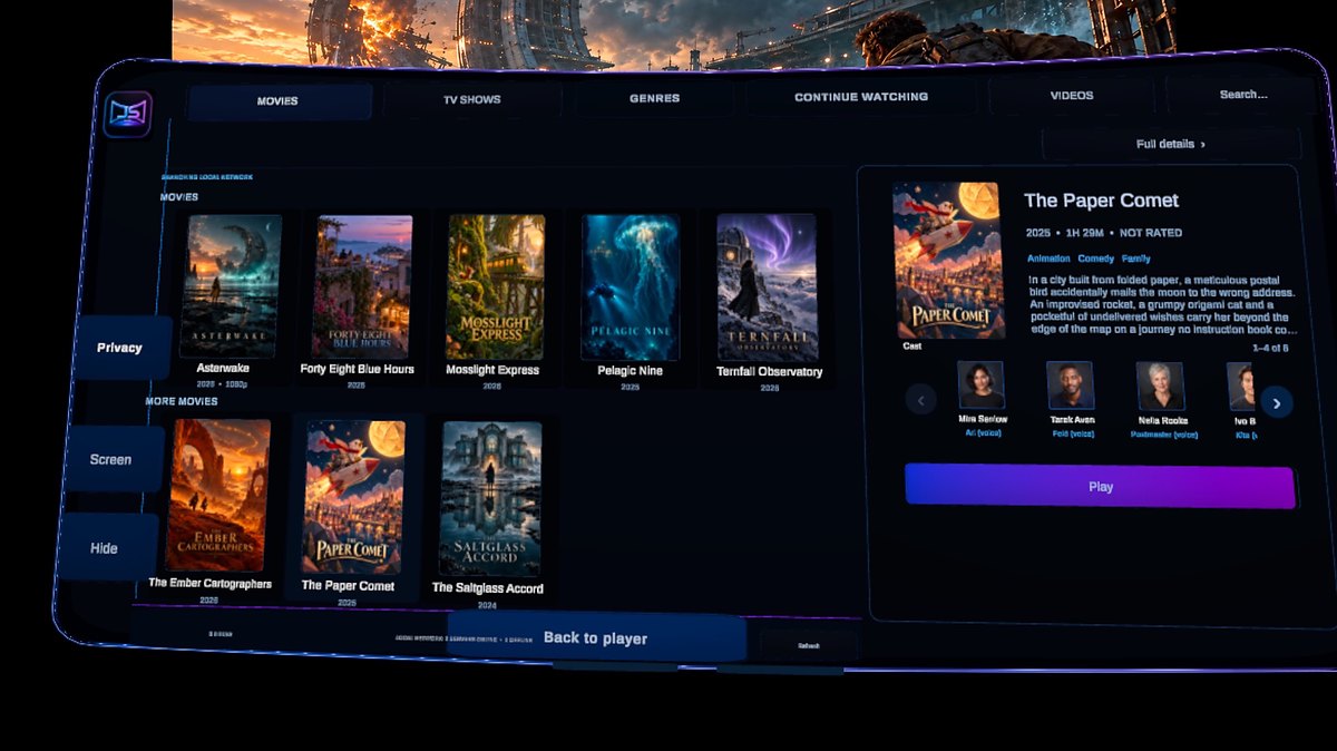JustScreen's unified library showing movie posters, selected title details, and tabs for TV shows, genres, Continue Watching and search.