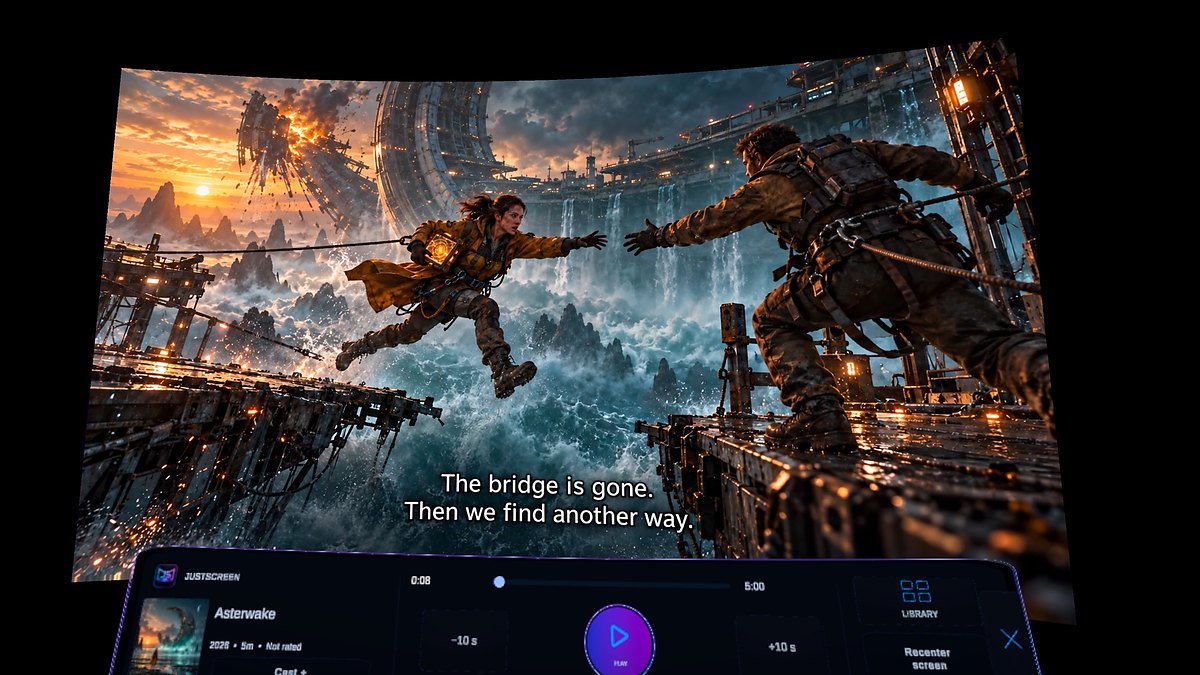 JustScreen app capture: a curved floating screen with a science-fiction scene, subtitles and playback controls in darkness.