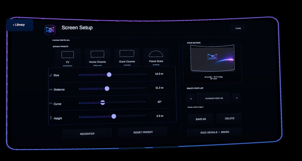 JustScreen's Screen Setup with TV, Home Cinema, Giant Cinema and Planet Scale presets; size, distance, curve and height controls; recenter, reset preset and saved profile controls.