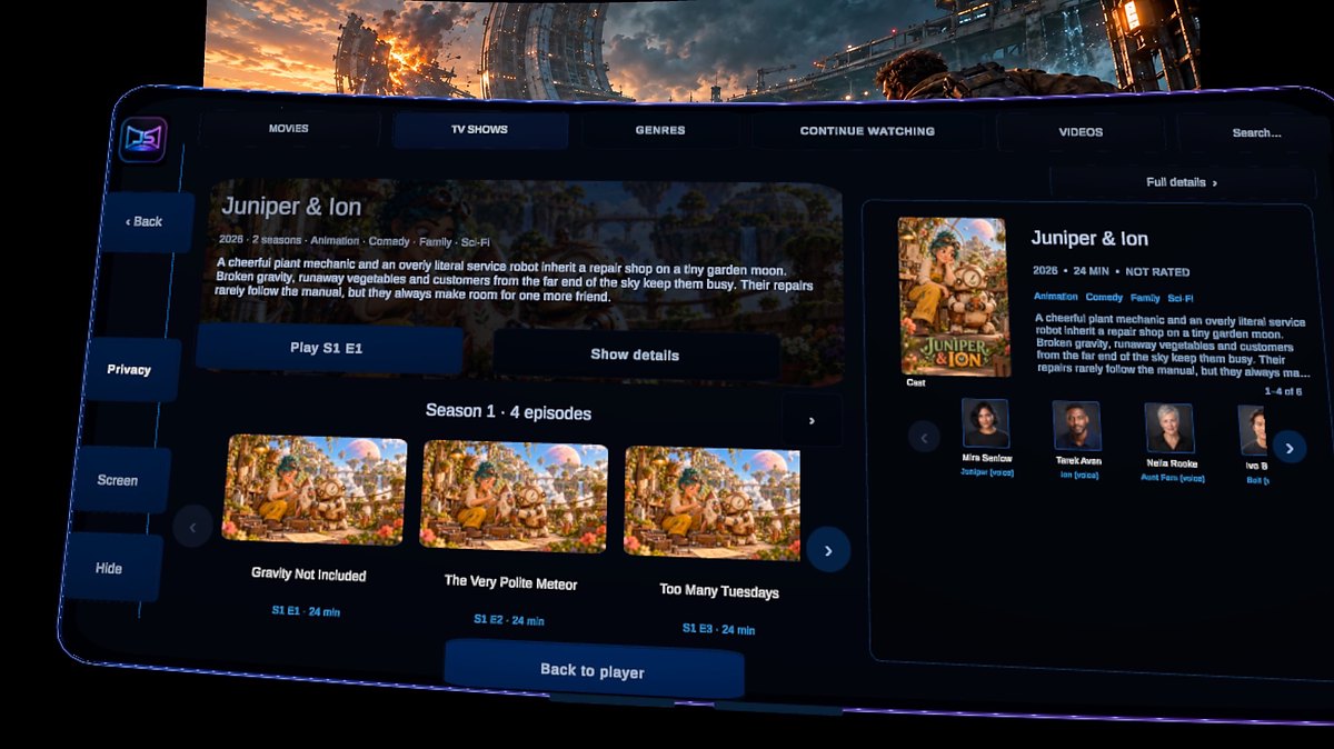 JustScreen's TV library with a selected series, season and episode thumbnails, descriptions, and a play-episode control.