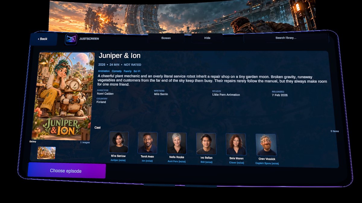 A title's detailed view in JustScreen, with artwork, synopsis, credits, studio, cast and technical media information.