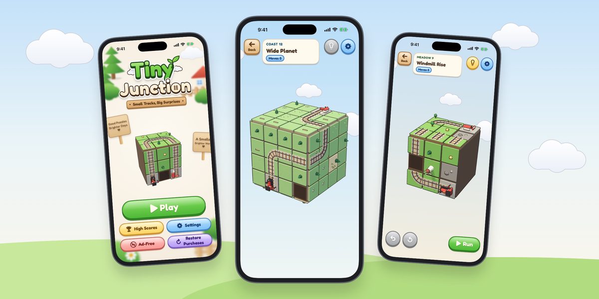 Three iPhone captures of Tiny Junction on a sky-blue backdrop: the main menu, a finished route around a cube planet, and a folded board with a little red train.