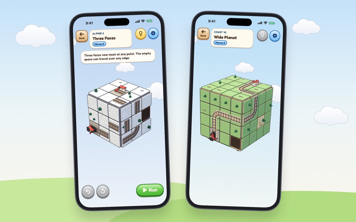 Two iPhone captures: a snowy three-face Alpine board with a tutorial tip, and a grassy cube planet with a finished railway.