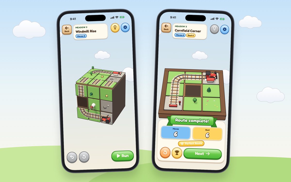 Two iPhone captures: a folded board with sliding tiles and a Run button, and the Route complete panel showing six moves, a best of six and a Perfect Route badge.