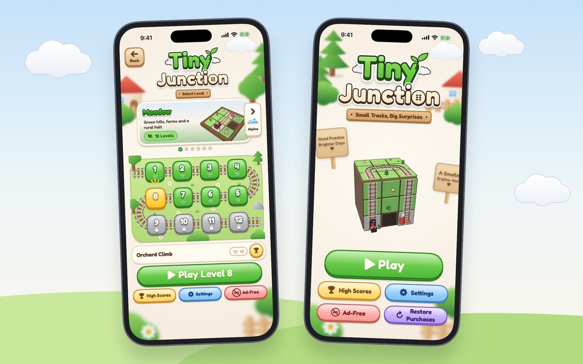 Two iPhone captures: the Select Level screen with the Meadow world card and numbered level tiles on a winding track, and the main menu.